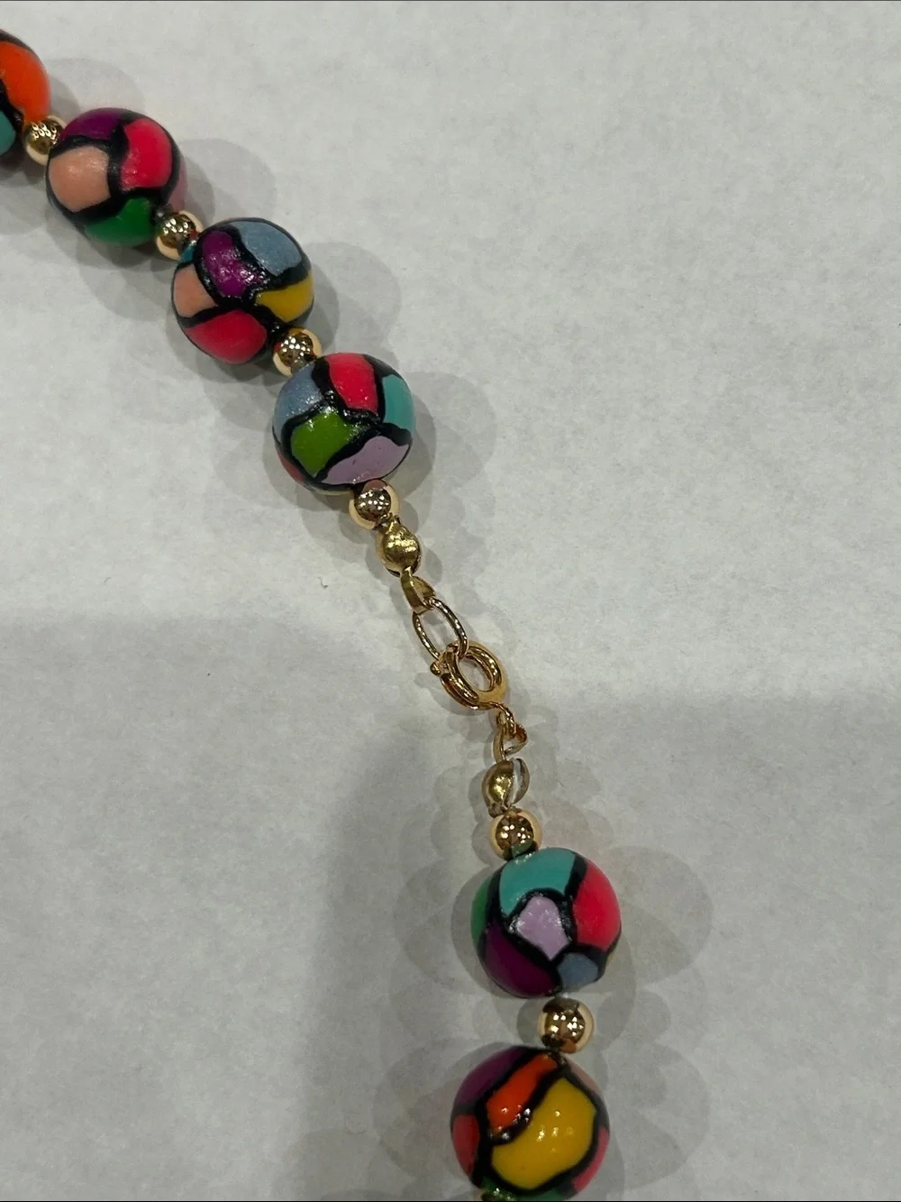 Vintage stained glass Beaded glow party 80s Necklace Gold Accent Beads long 30”